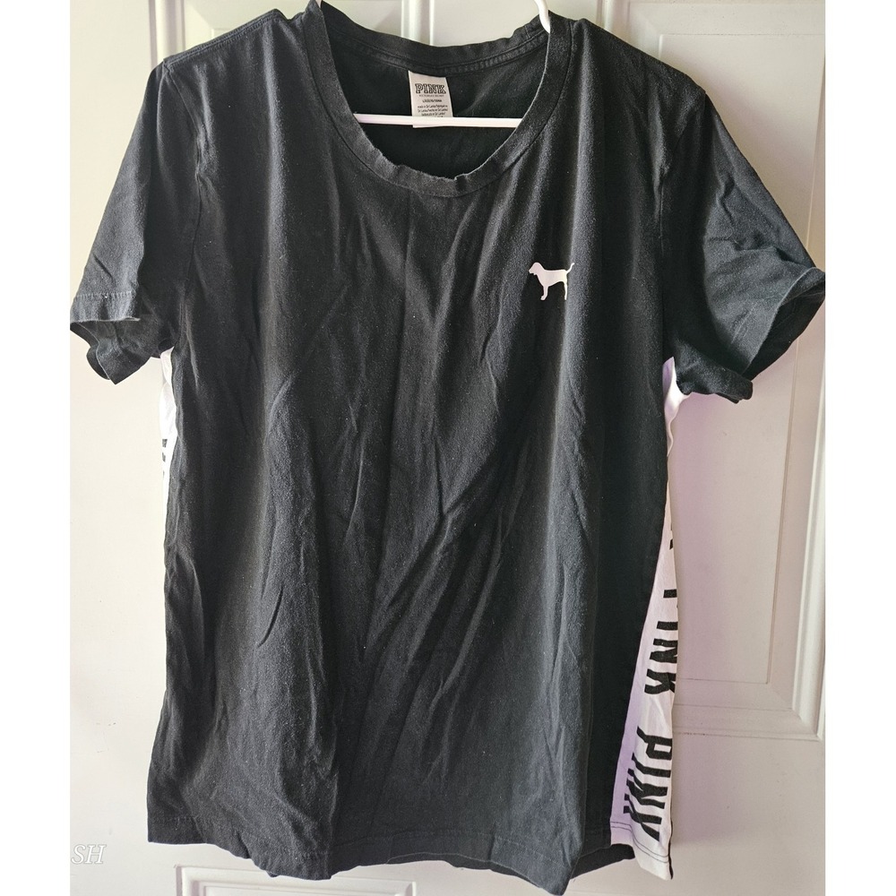 Victoria's Secret PINK Black T-Shirt Womens L Logo Short Sleeve Side Stripe...